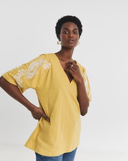 Pure Cotton V Neck Embroidered Sleeve Top