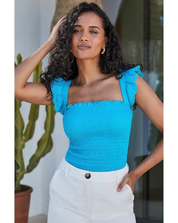 Sosandar Turquoise Shirred Detail Broderie Sleeve Cotton Top