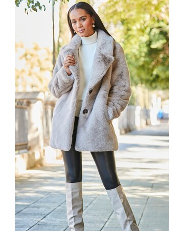 Sosandar Taupe Premium Faux Fur Coat with Button Detail