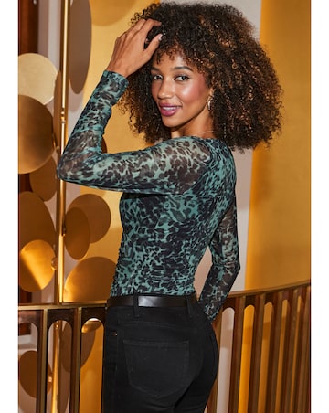 Sosandar Green Animal Mesh V Neck Top