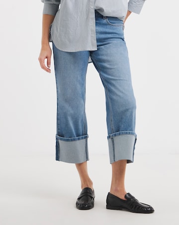 Blue Straight Crop Turn Up Jeans