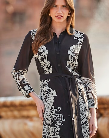 Sosandar Black& White Floral Print Belted Midi Shirt Dress