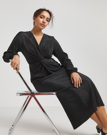 Black Plisse Twist Front Midi Dress