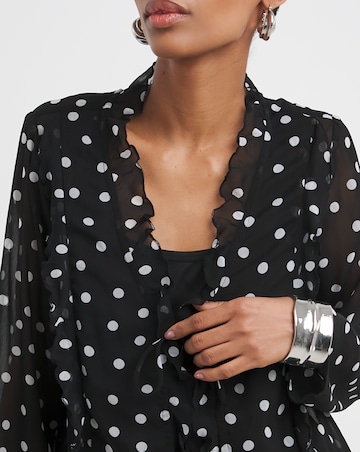 Black Spot Tie Detail Ruffle Blouse