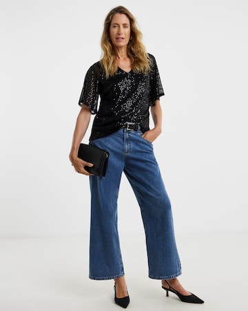 Sequin V-Neck Angel Sleeve Top