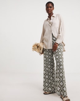 Green Printed Spun Viscose Pull On Wide Leg Trousers
