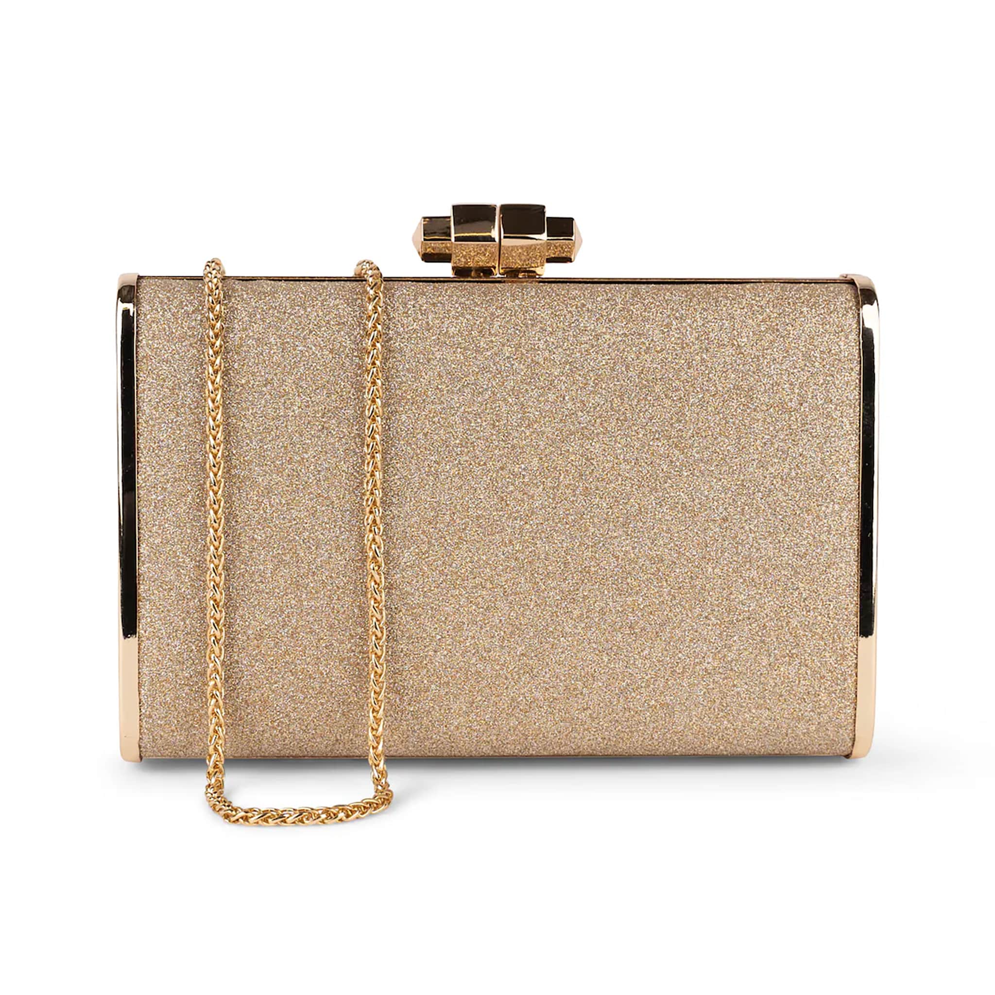 A gold sparkly clutch handbag