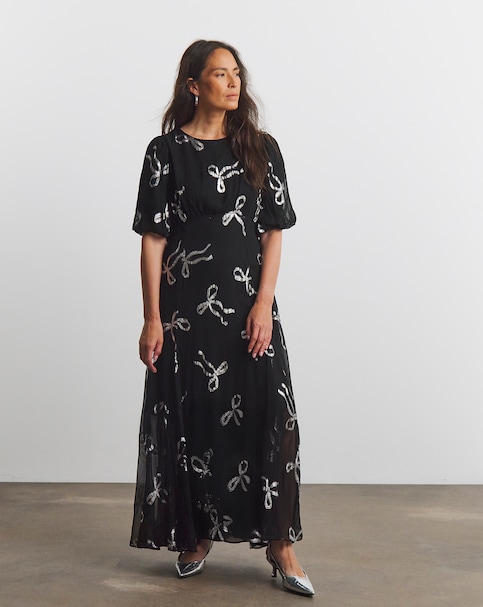 Joanna Hope Metallic Bow Dress With Sheer Skirt