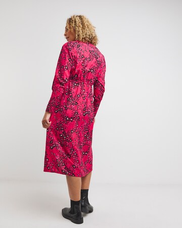 Pink Print V-Neck Deep Cuff Split Midi Dress