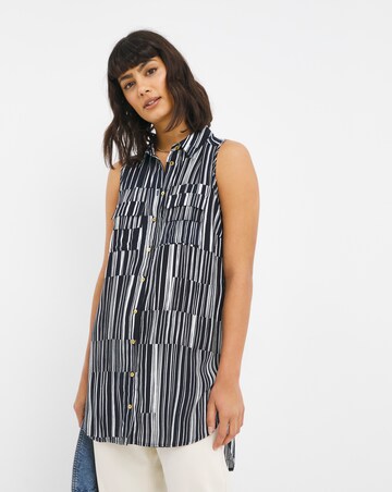 Abstract Mono Stripe Sleeveless Dipped Back Viscose Shirt