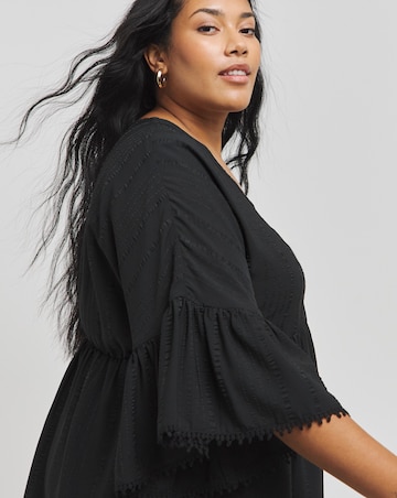 Black V Neck Textured Smock Top