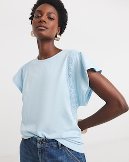 Pure Cotton Broderie Trim Frill Sleeve Top