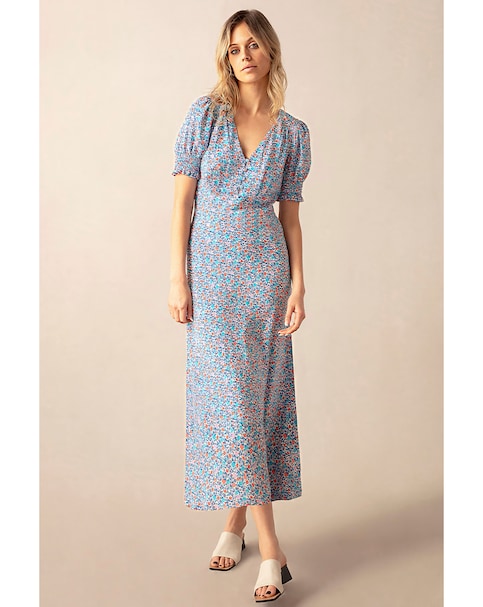 Ro&Zo Ditsy Print Shirred Cuff Midi Dress
