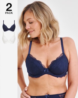 Pretty Secrets (2 Pack) Ella Lace Padded Plunge Wired Bras (B-K) Navy/White