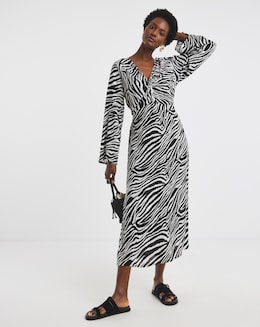 Crinkle Twist Detail Midi Dress With Long Sleeves