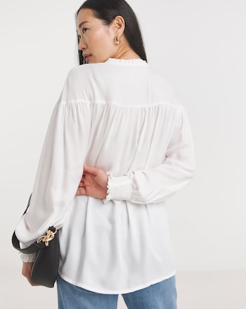 Womens Twill Collarless Blouson Sleeve Blouse- Ivory