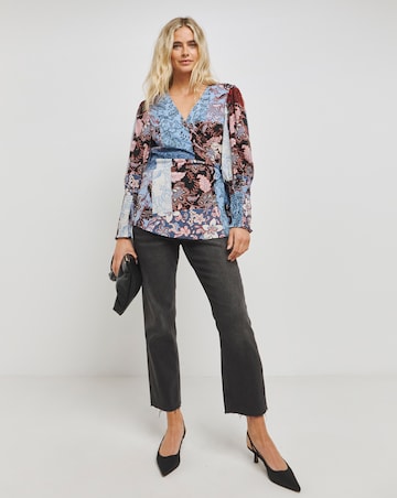 Multi Print Wrap Top with Shirred Cuff