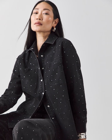 Black Embellished Oversized Denim Shirt