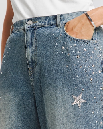 Simply Be X Twisted Wunder Mid Wash Star Embellished Wide Leg Jeans