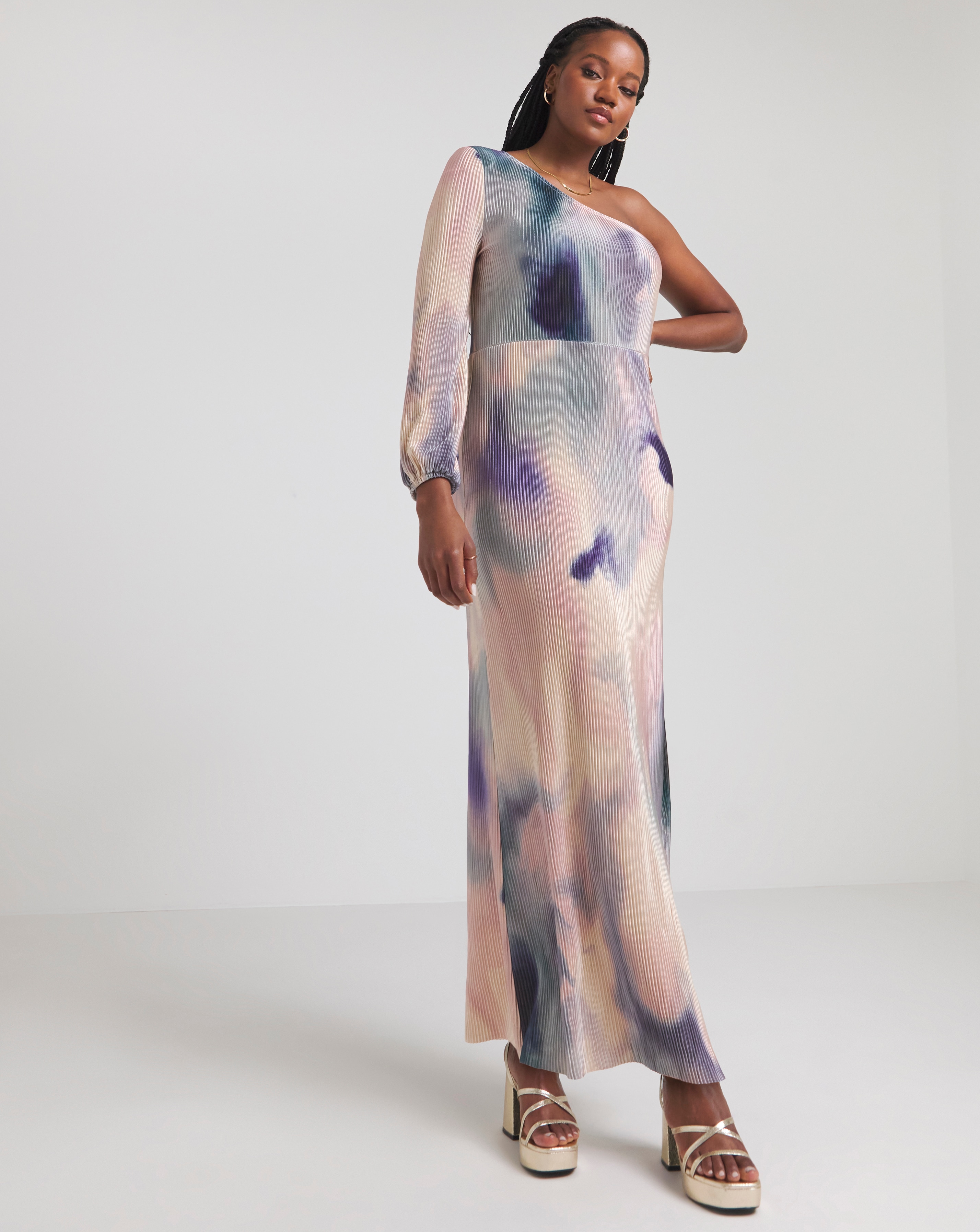 Multi Ombre Print Plisse One Shoulder Maxi Dress | Ambrose Wilson