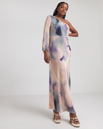 Multi Ombre Print Plisse One Shoulder Maxi Dress