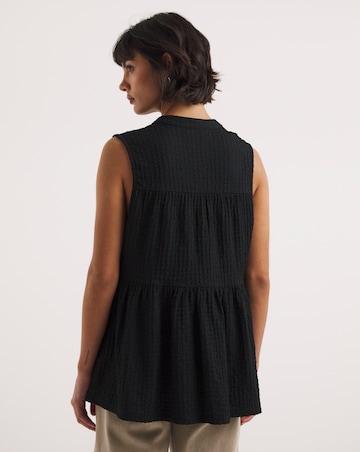 Black Textured Tie Neck Button Front Top