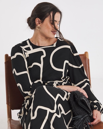 Simply Be Black Print Supersoft Midi Dress With Tie Back Detail