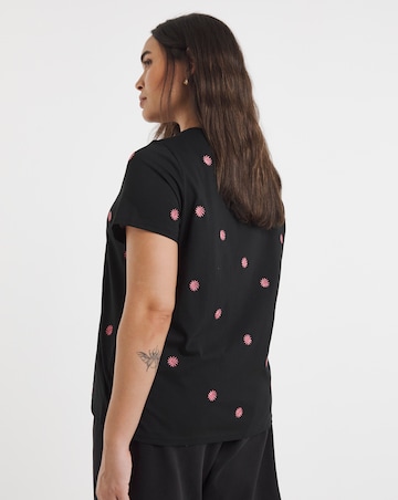 Black & Pink Flower Embroidery T-Shirt