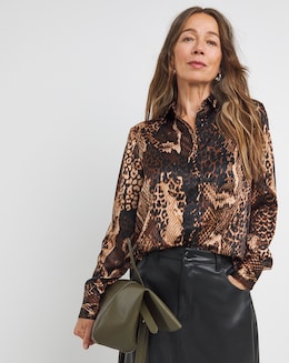 Womens Classic Satin Long Sleeve Shirt - Snake Print