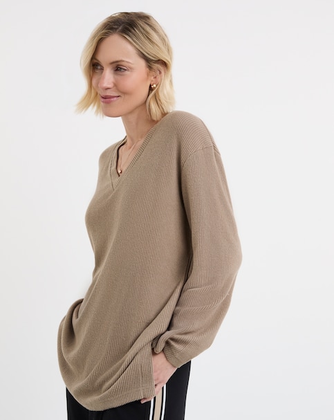 Mocha Soft Touch Ribbed V-Neck Longline Top