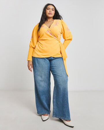 Ochre Floral Embroidered Wrap Top with Shirred Cuffs