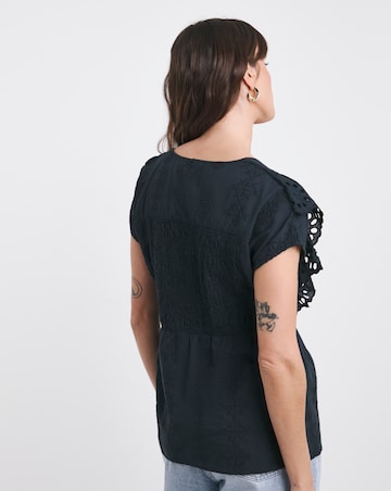 Anise Flora Dark Indigo V-Neck Embroidered Frill Top