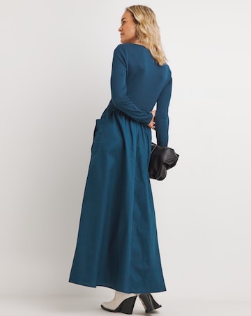 Slash Neck Ribbed Poplin Skirt Dress