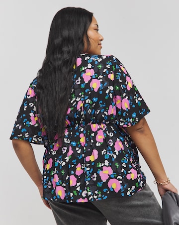 Black Animal Print Angel Sleeve Crinkle Top