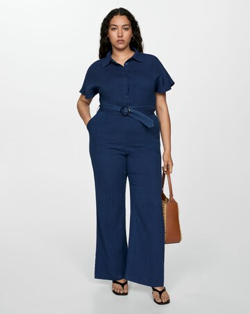 Mango Textured Cotton Navy Jumpsuit