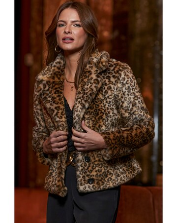 Sosandar Short Faux Fur Leopard Coat