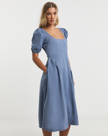 Mid Blue Denim Puff Sleeve Dress