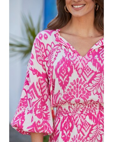 Sosandar Pink & White Aztec Print Tie Neck Dress