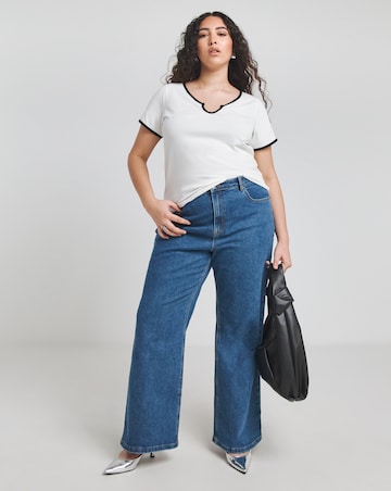 White & Black Contrast Trim Notch Neck T-Shirt