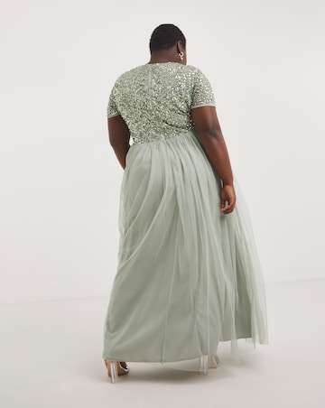 Maya Curve V-Neck Sequin Embellished Tulle Maxi Dress