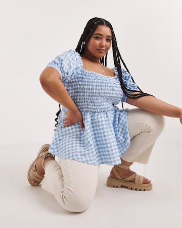 Gingham Puff Sleeve Shirred Peplum Top