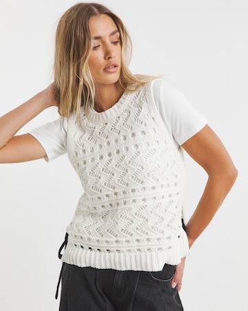 Simply Be Ivory Contrast Tie Side Pointelle Knitted Vest