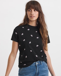 Black Flower Embroidered T-Shirt