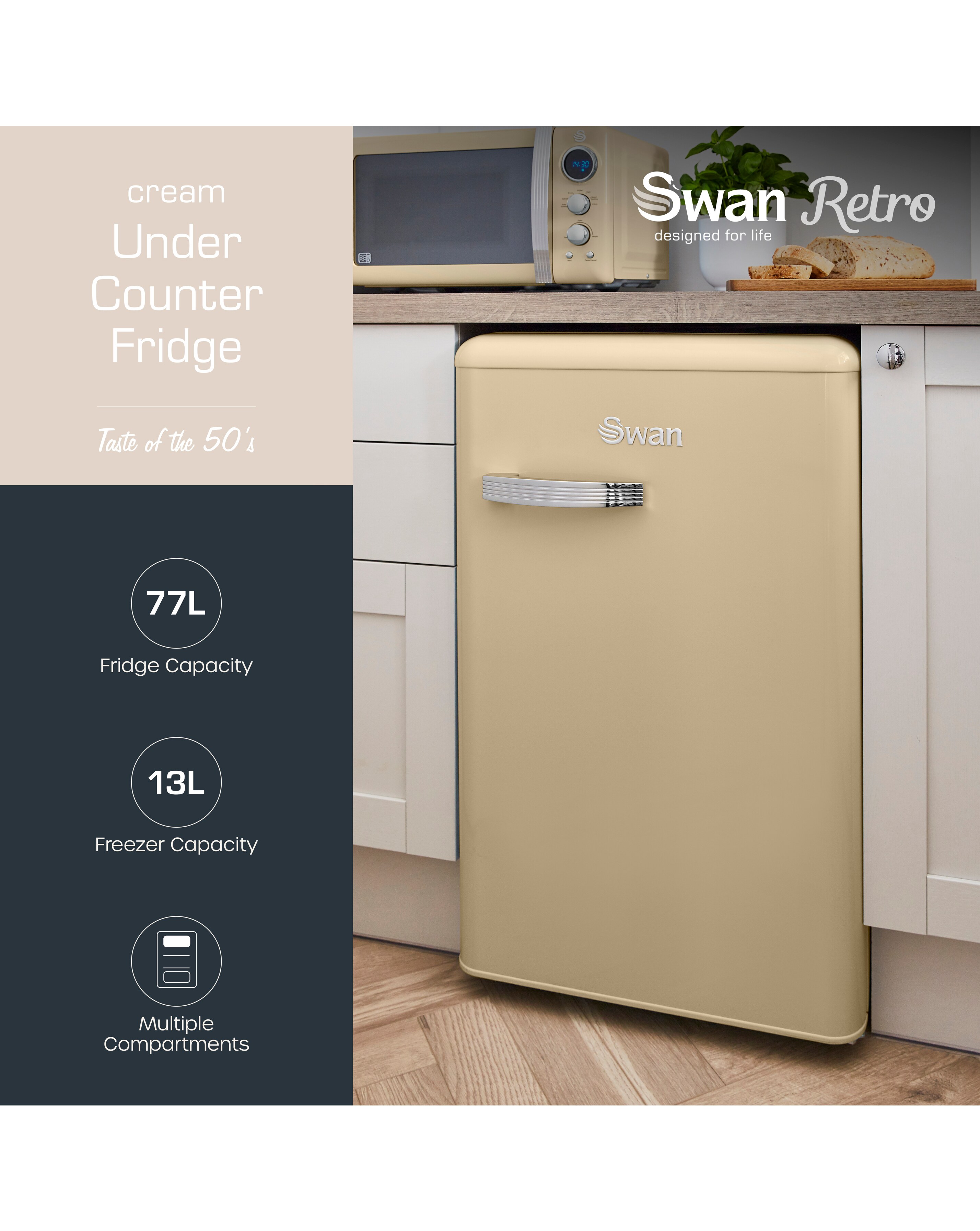 Swan SR11035CNE Retro Under Counter Fridge 90L - Cream | Ambrose