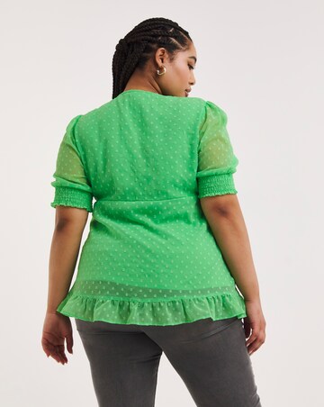 Green Dobby Button Through Blouse with Frill Detailing