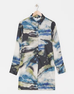 Womens Satin Longline Long Sleeve Shirt - Blue/Natural Abstract