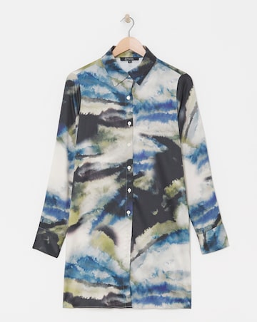 Womens Satin Longline Long Sleeve Shirt - Blue/Natural Abstract