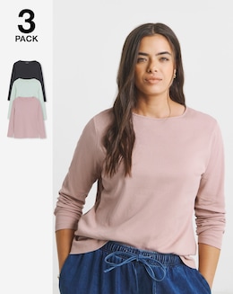 Black, Rose &amp; Sage 3 Pack Long Sleeve Pure Cotton Ribbed Tops