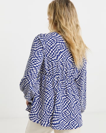 Checkerboard Long Sleeve V Neck Smock Top