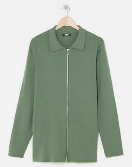 Green Cotton Knitted Zip Through Shirt